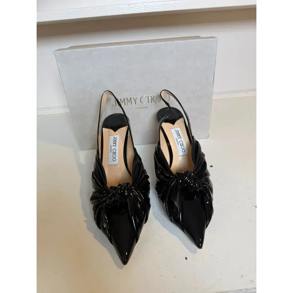 NWB Jimmy Choo Patent Leather Bow Accents Slingback Pumps Black Womens Size 40